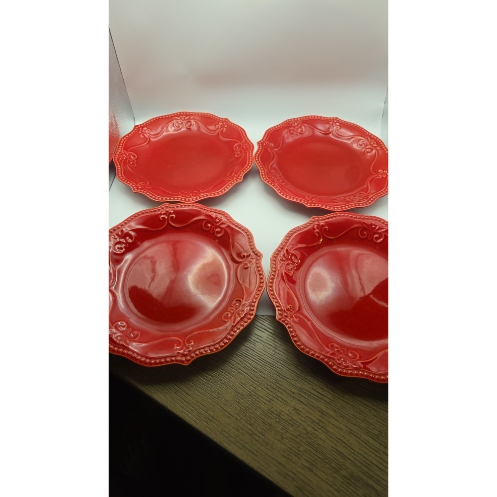 Pioneer Woman Set Of 4 Scalloped Edge Red Dinner Dishes Plates *glaze is worn*